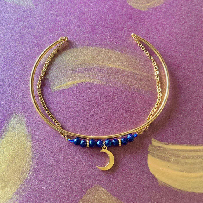 Bracelet double lune en acier doré et blue sand