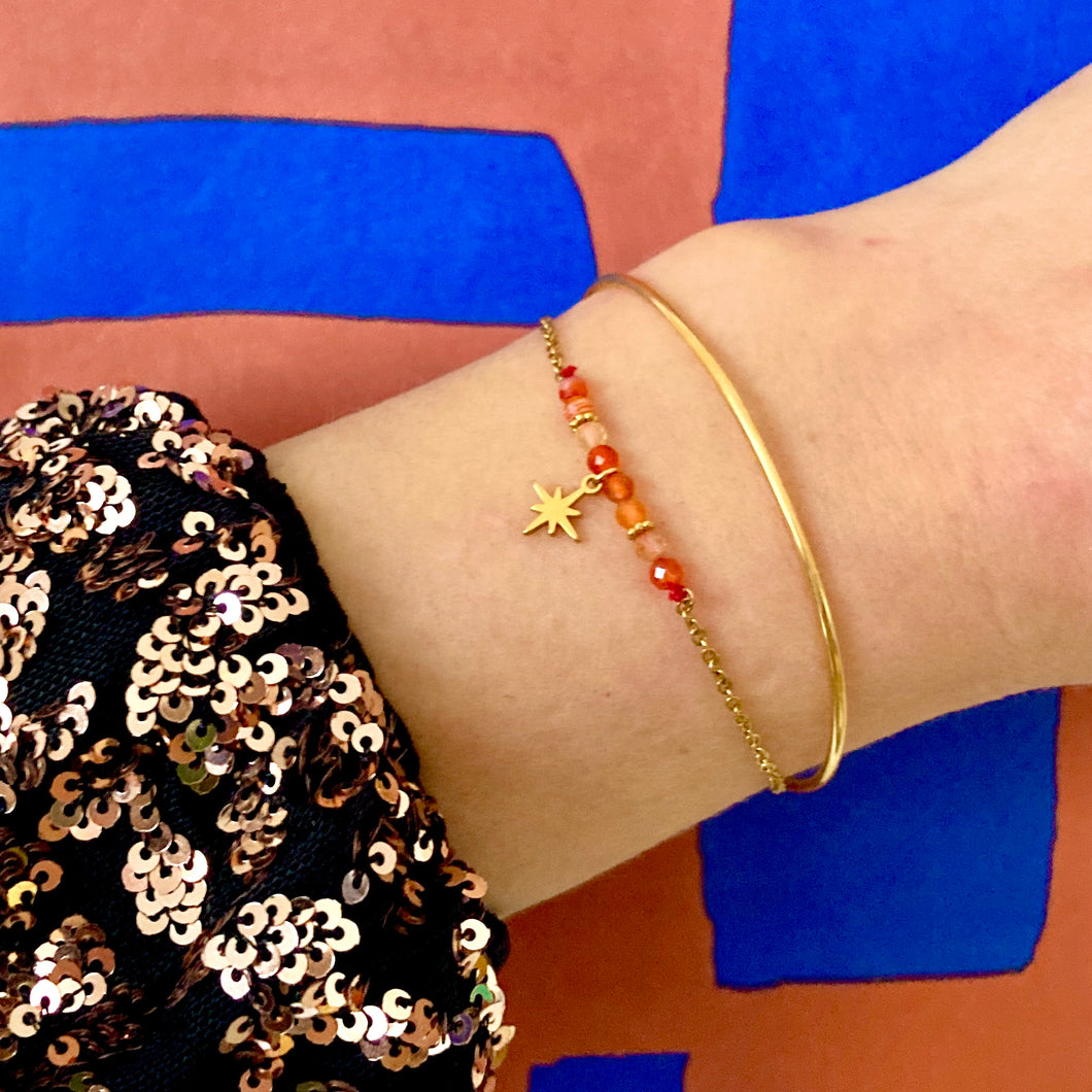 Bracelet double étoile polaire en acier doré et agate orange