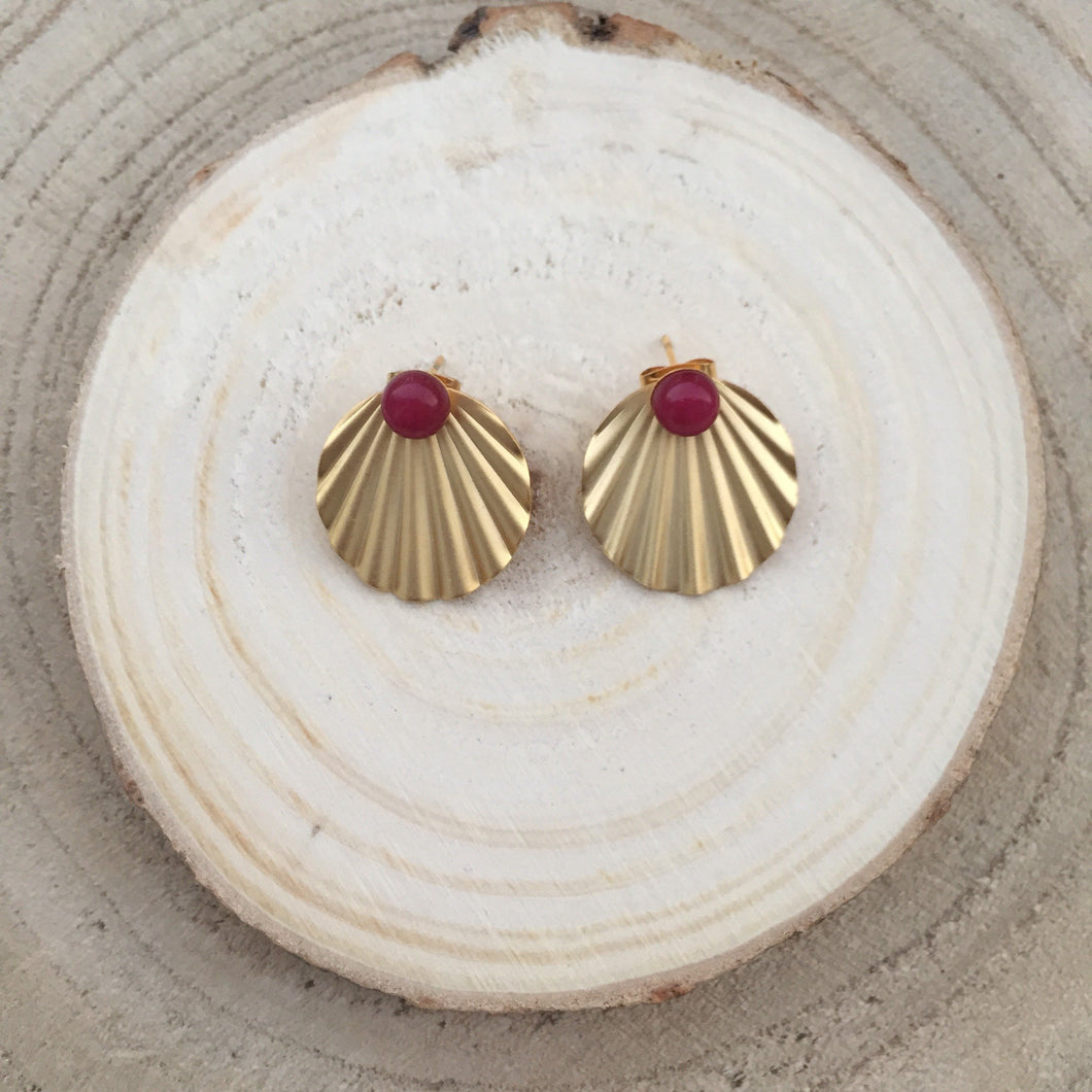 Boucles coquillage agate rouge - plaqué or