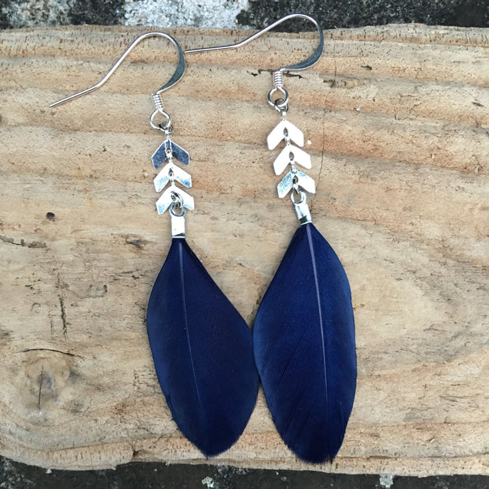 Boucles d'oreilles plumes argent & bleu nuit
