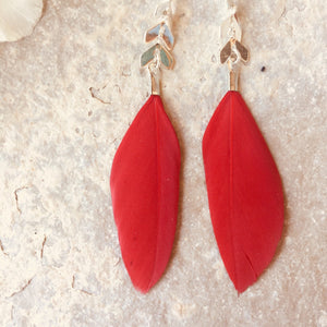 Boucles d'oreilles plumes argent & rouge