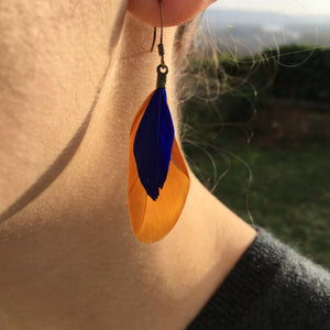 Boucles d'oreilles plumes bleu roi & moutarde