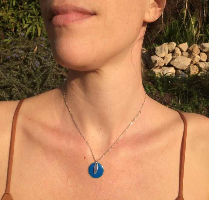 Collier disque bleu  & argenté