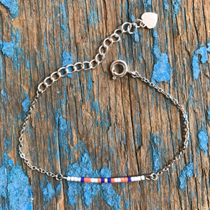 Bracelet barrette argenté gris, bleu roi & corail