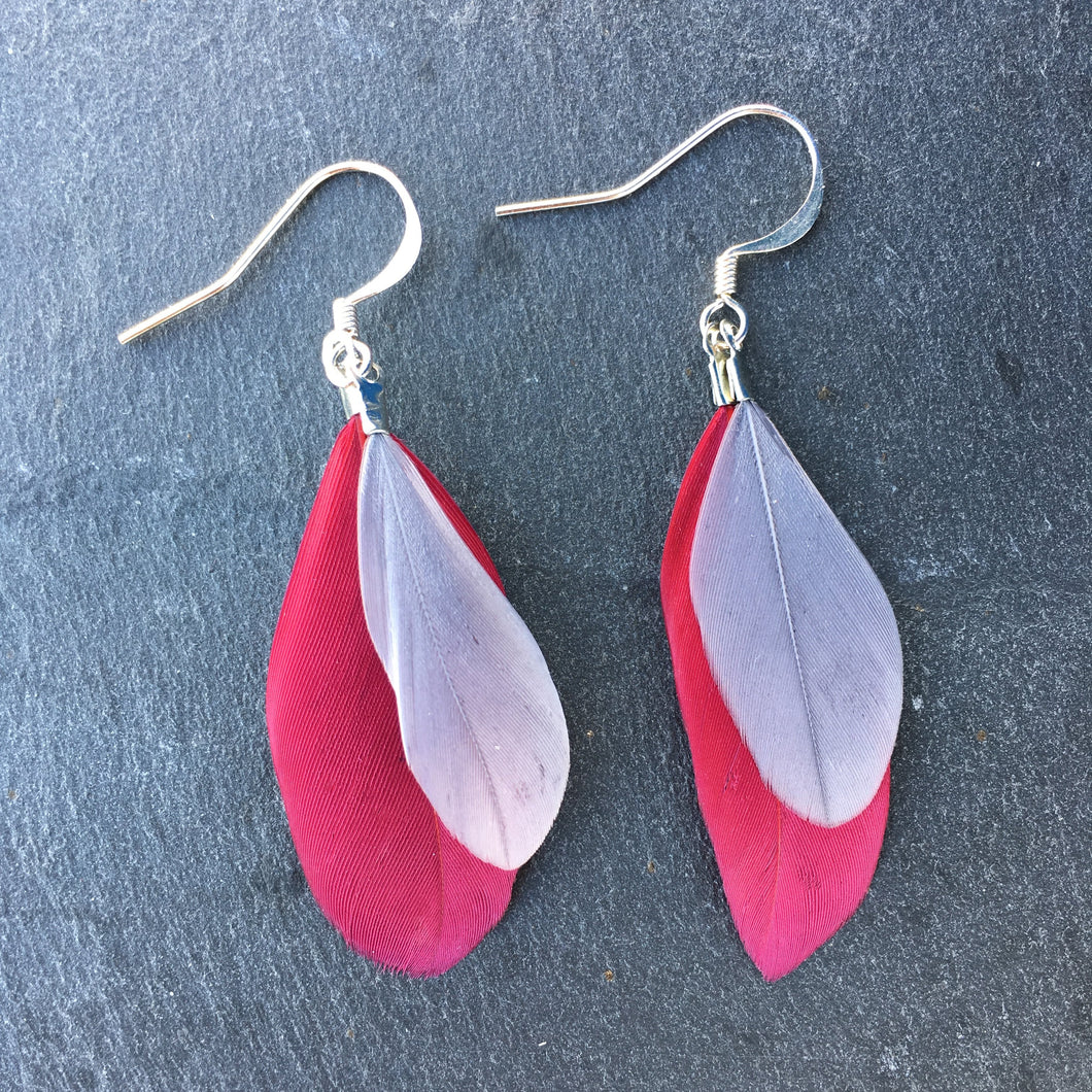 Boucles d'oreilles plumes grises & bordeaux