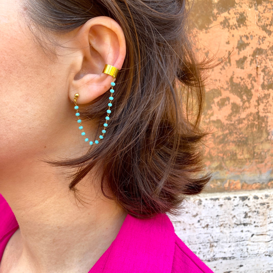Boucle et bague d'oreille chaîne perlée turquoise