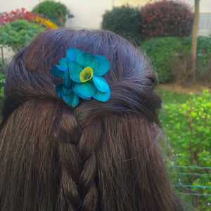 Épingle à cheveux hortensia bleu & scabiosa jaune