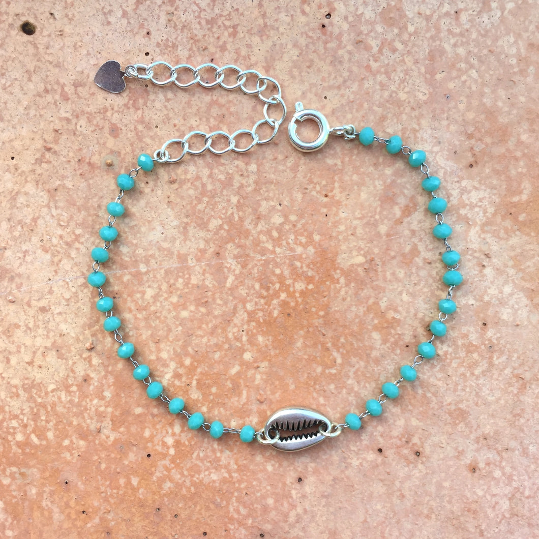 Bracelet perlé turquoise & coquillage argenté
